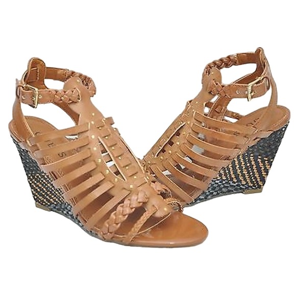 Guess SCHYLER Woven Strappy Wedge Sandal Heel Brown 6/6.5/7.5/8/8.5/9/9.5 New - Picture 1 of 9